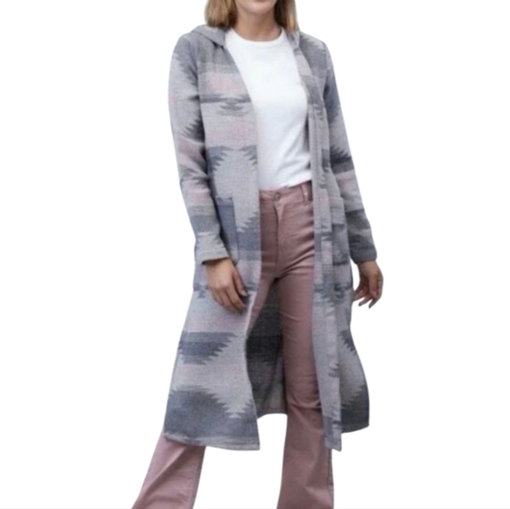 DICTIONARY Womens Long Hooded Cardigan Aztec Print‎ Pink Gray Open Front XL New